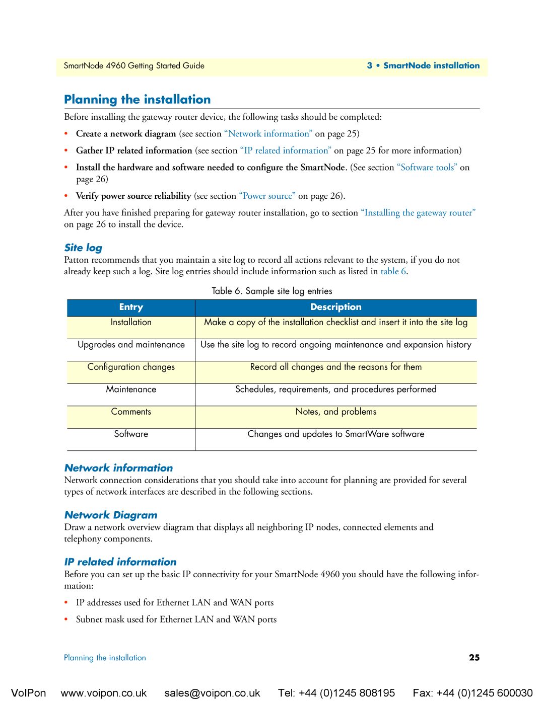 Patton electronic 4960 Planning the installation, Site log, Network information, Network Diagram, IP related information 