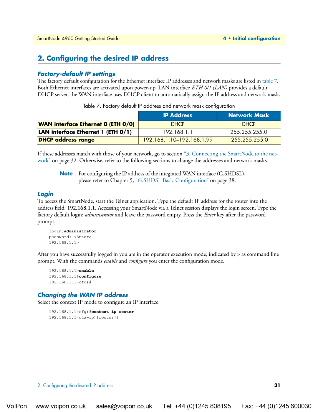 Patton electronic 4960 Conﬁguring the desired IP address, Factory-default IP settings, Login, Changing the WAN IP address 