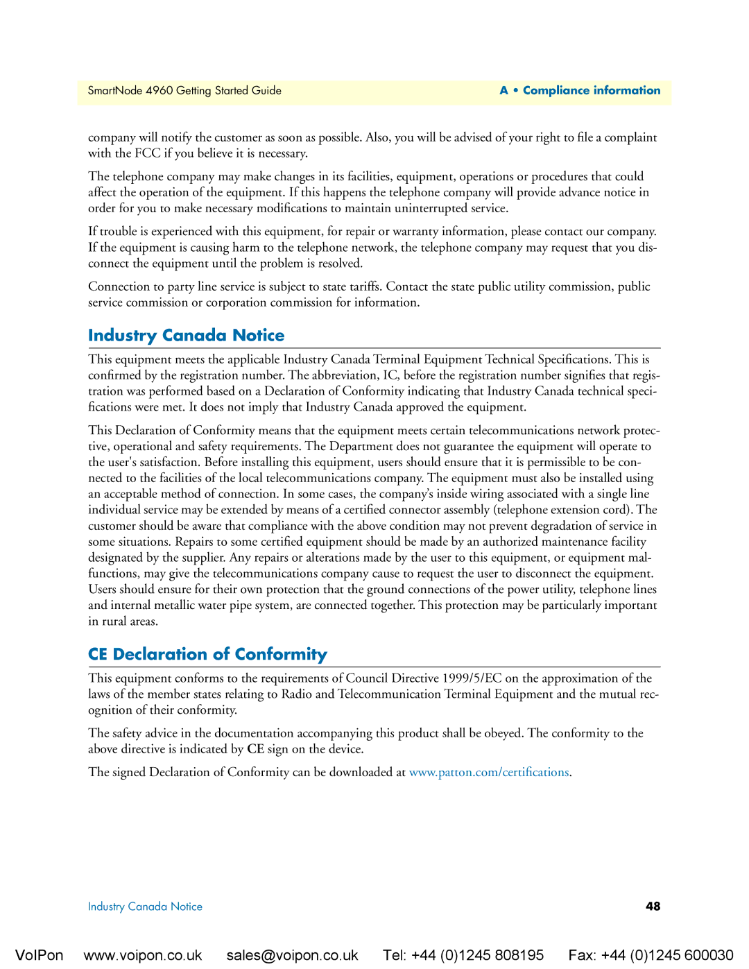 Patton electronic 4960 manual Industry Canada Notice, CE Declaration of Conformity 