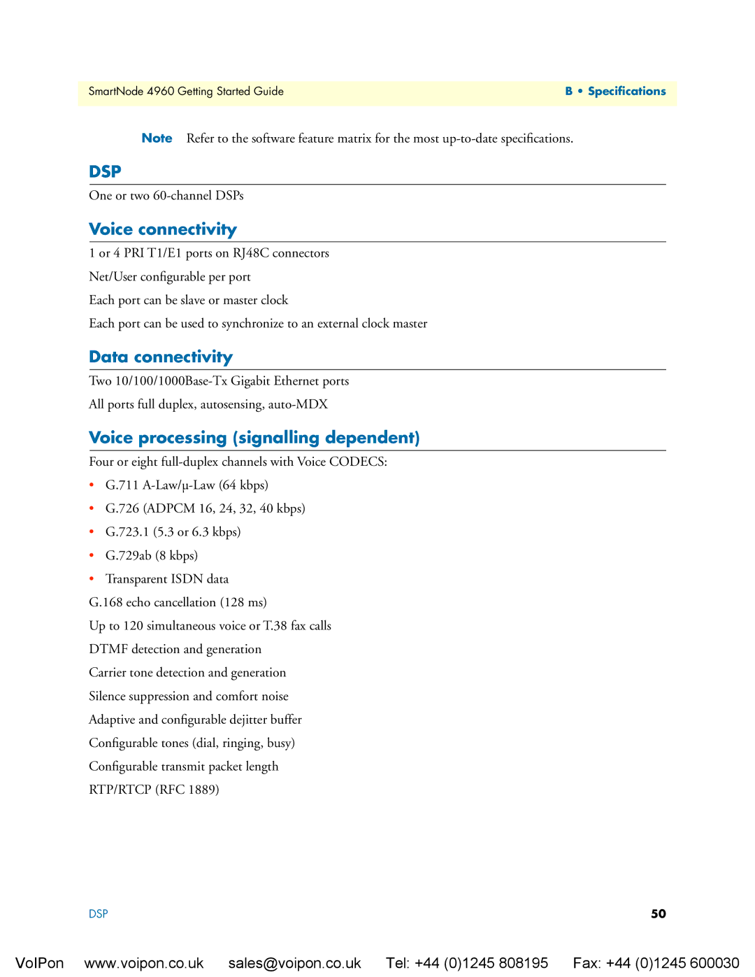 Patton electronic 4960 manual Voice connectivity, Data connectivity, Voice processing signalling dependent 