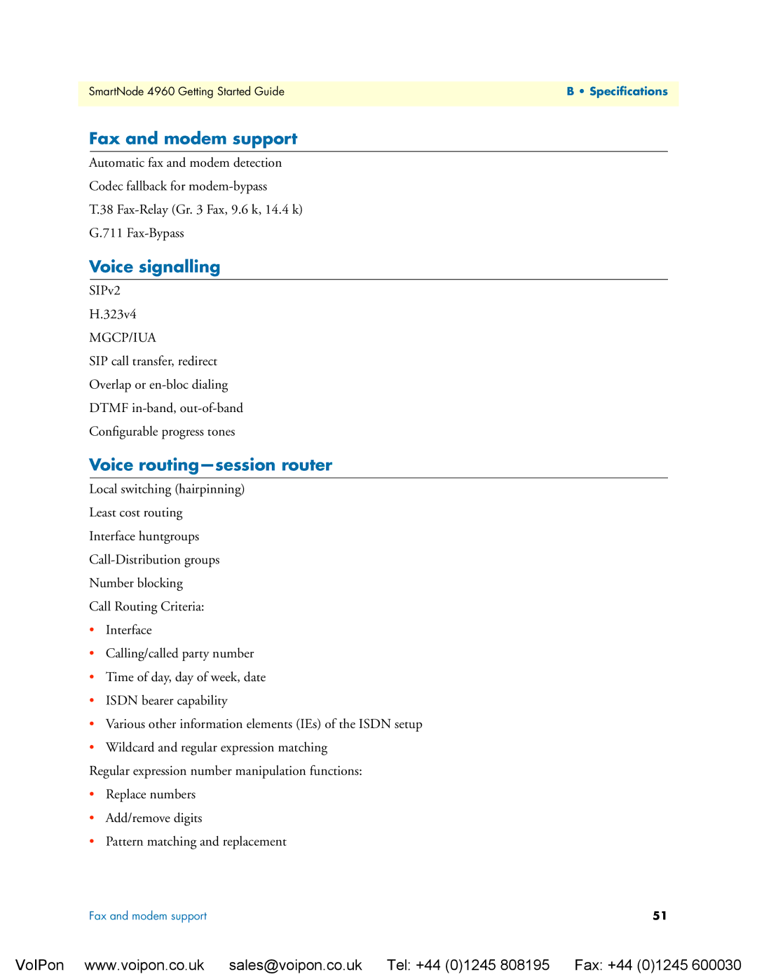 Patton electronic 4960 manual Fax and modem support, Voice signalling, Voice routing-session router 