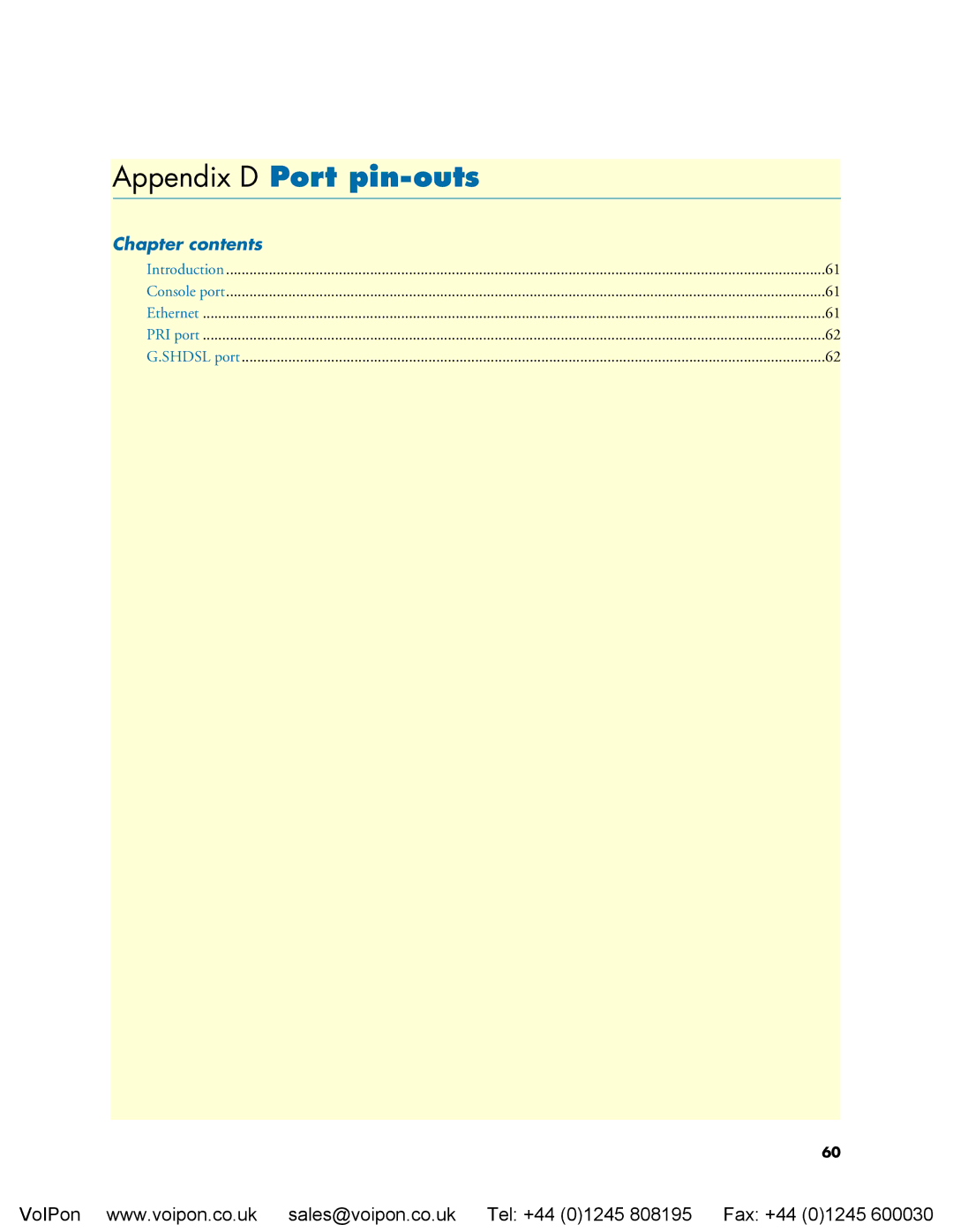 Patton electronic 4960 manual Appendix D Port pin-outs, Chapter contents 