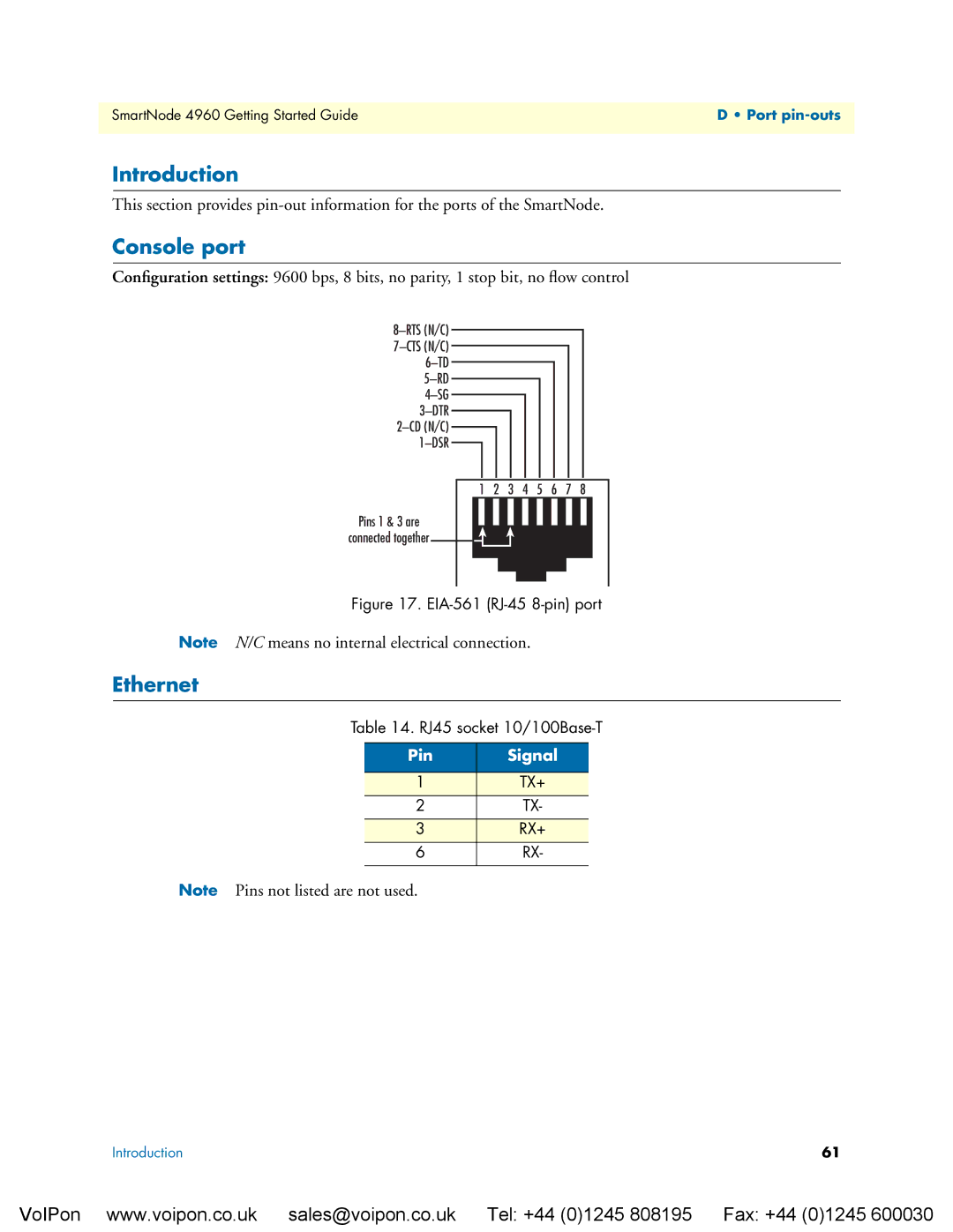 Patton electronic 4960 manual Console port, EIA-561 RJ-45 8-pin port 