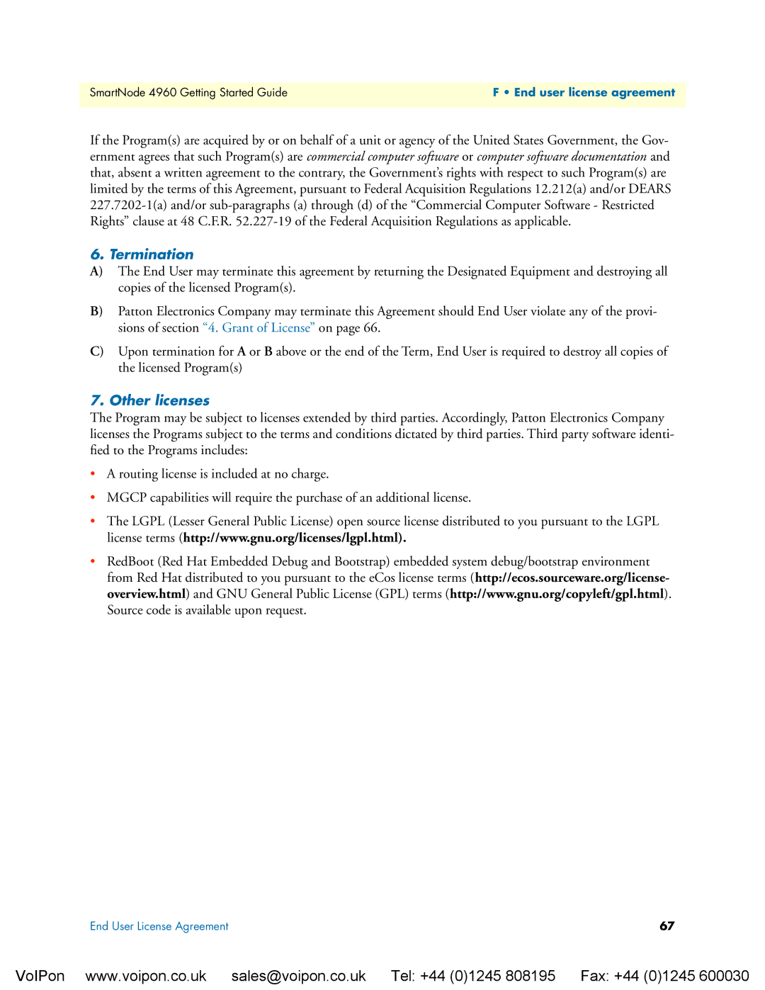 Patton electronic 4960 manual Termination, Other licenses 