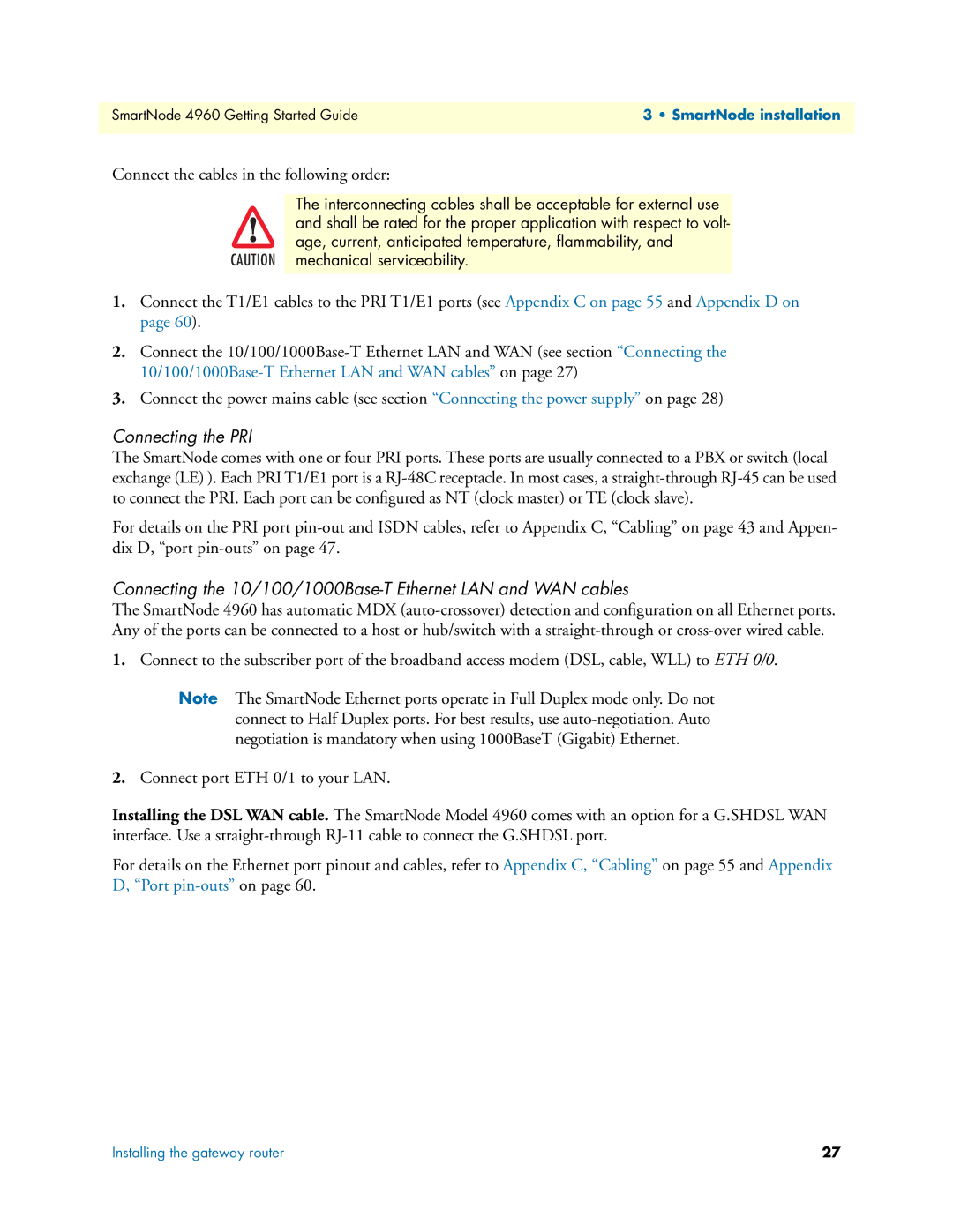 Patton electronic 4960 manual Connecting the 10/100/1000Base-T Ethernet LAN and WAN cables 