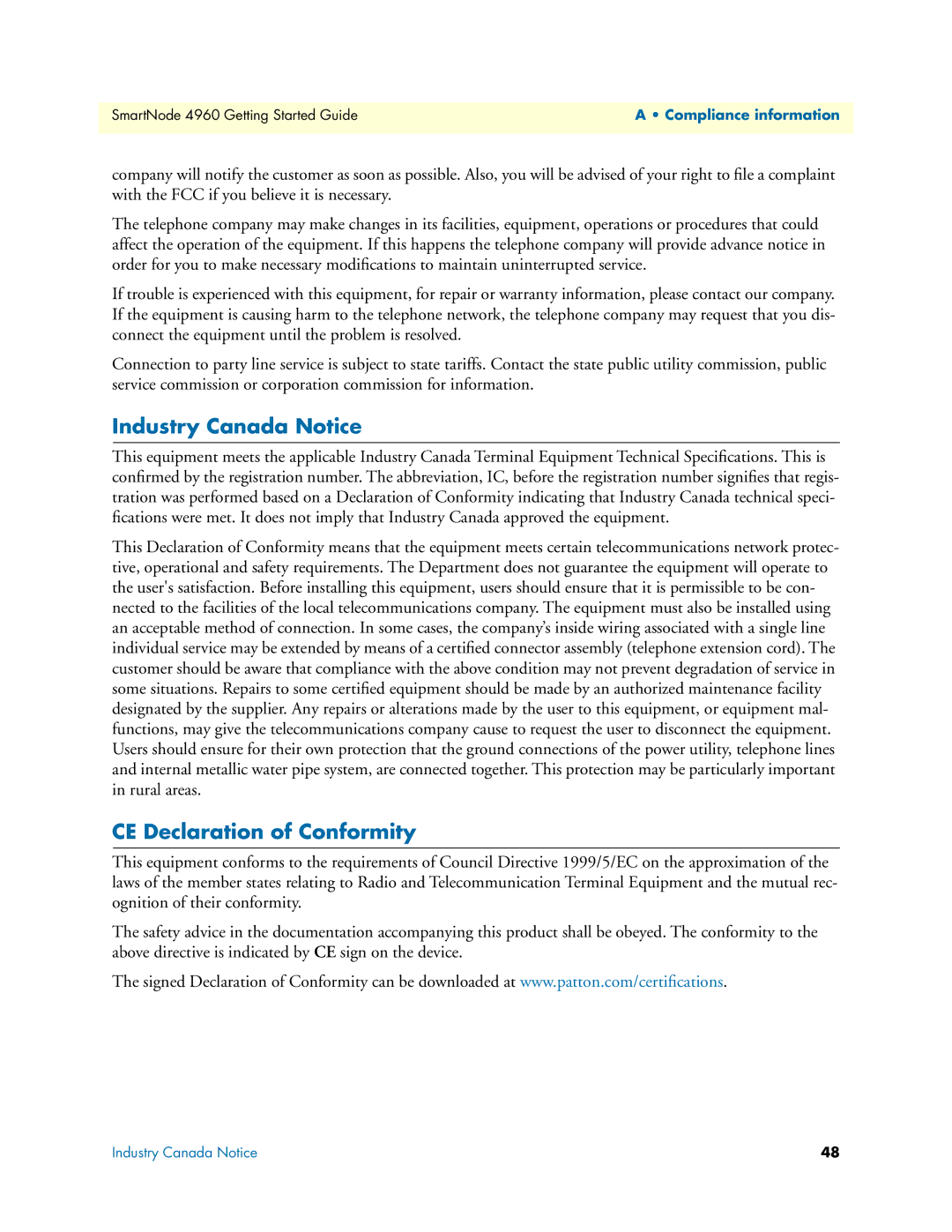 Patton electronic 4960 manual Industry Canada Notice, CE Declaration of Conformity 