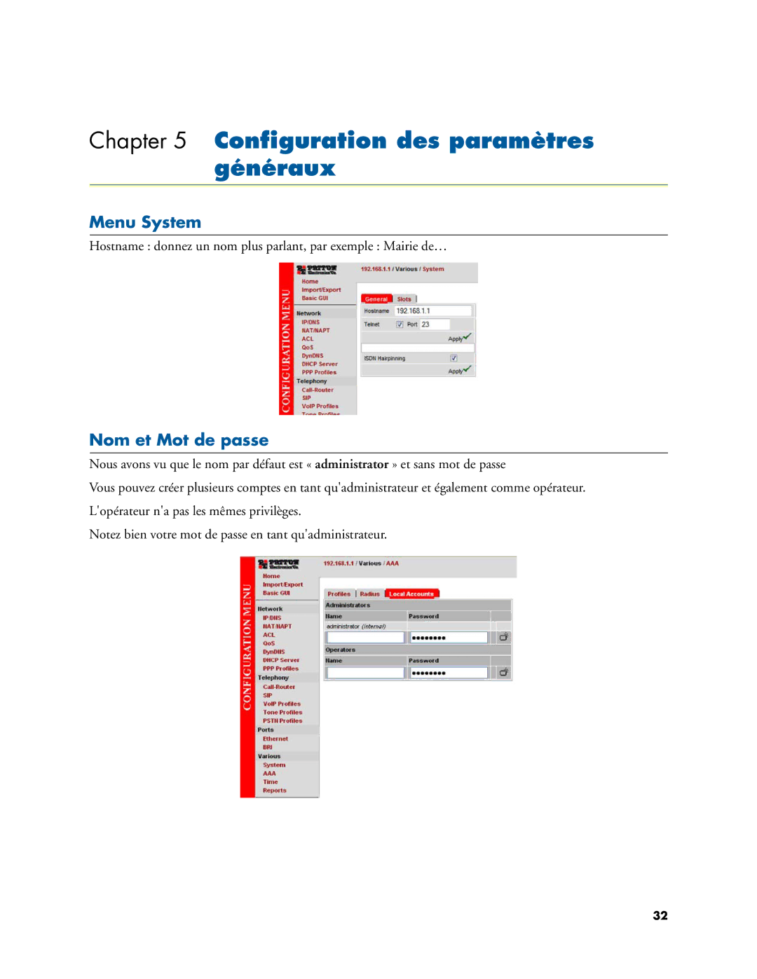 Patton electronic 455X, 496X, 46XX manual Conﬁguration des paramètres généraux, Menu System, Nom et Mot de passe 