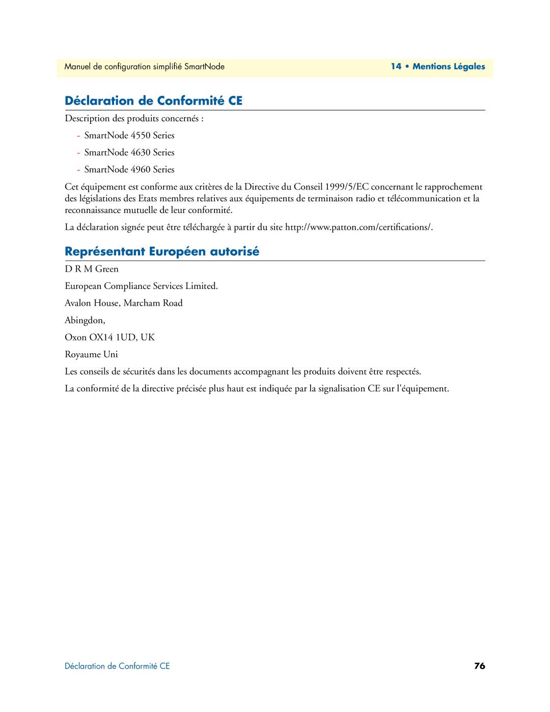 Patton electronic 46XX, 496X, 455X manual Déclaration de Conformité CE, Représentant Européen autorisé 