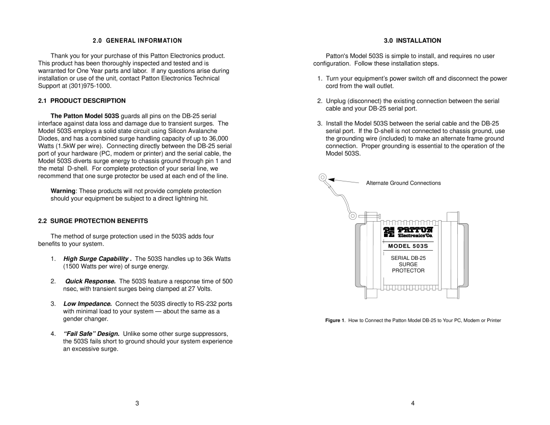 Patton electronic 503S user manual Product Description, Surge Protection Benefits, Installation 