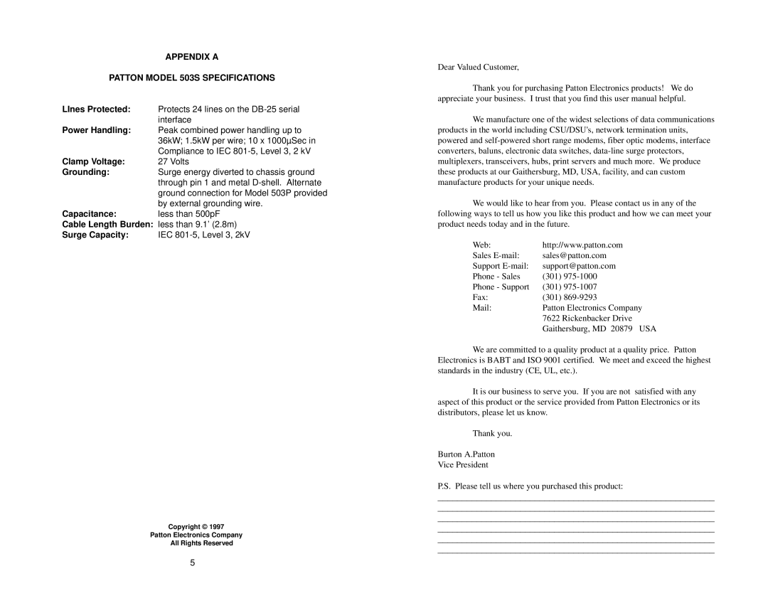 Patton electronic user manual Appendix a Patton Model 503S Specifications 