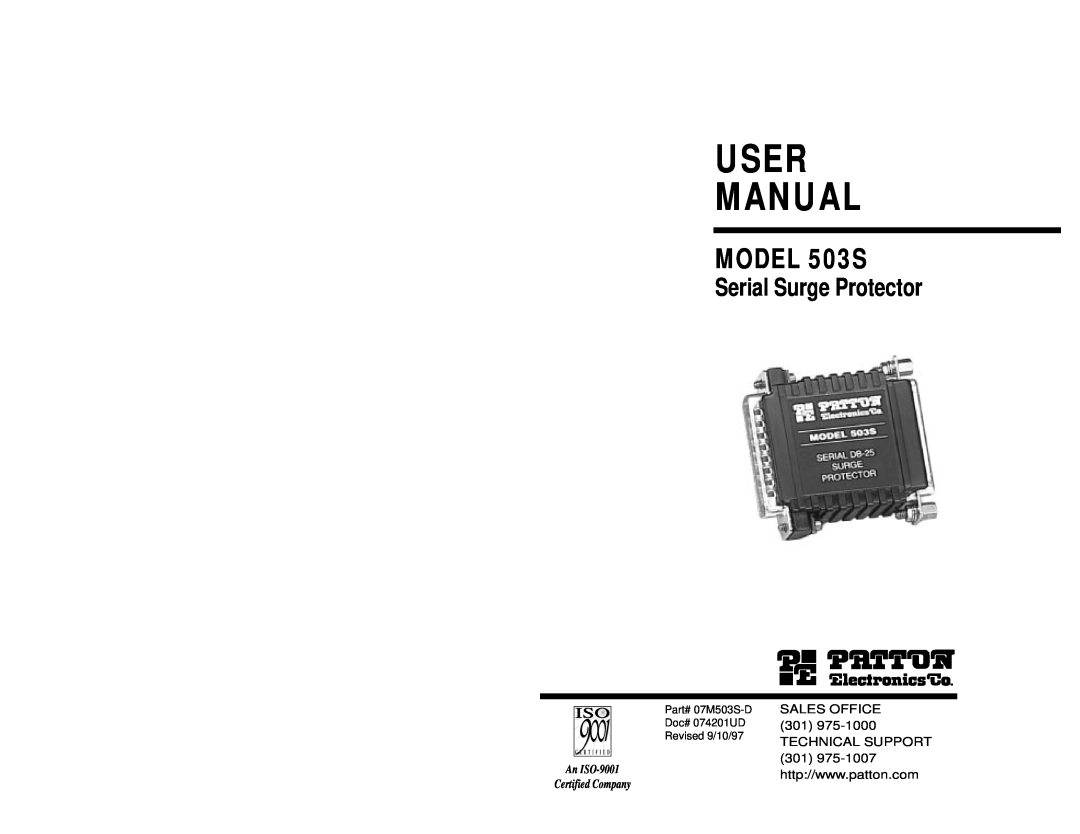 Patton electronic user manual User Manual, MODEL 503S, Serial Surge Protector, SALES OFFICE 301 TECHNICAL SUPPORT 
