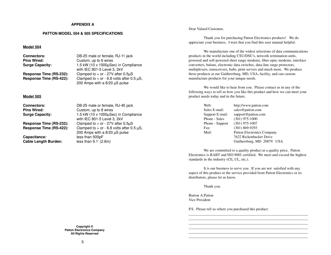 Patton electronic user manual Appendix a Patton Model 504 & 505 Specifications 