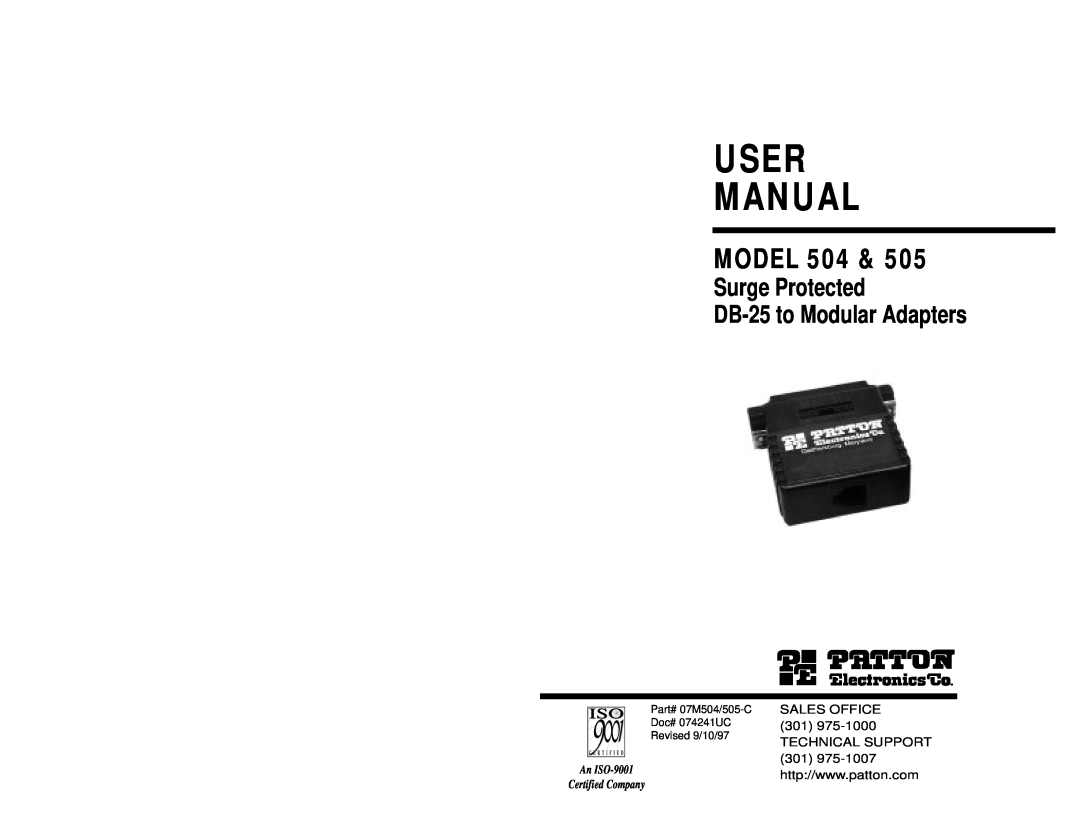 Patton electronic 505, 504 user manual User Manual, Model, Surge Protected DB-25 to Modular Adapters, An ISO-9001 