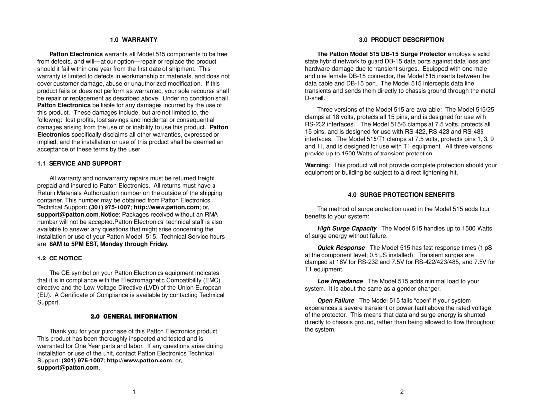 Patton electronic 515 DB-15 Warranty, Service and Support CE Notice, Product Description, Surge Protection Benefits 