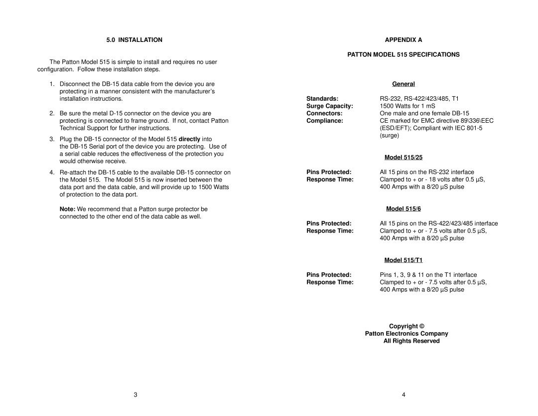 Patton electronic 515 DB-15 user manual Installation, Appendix a Patton Model 515 Specifications 