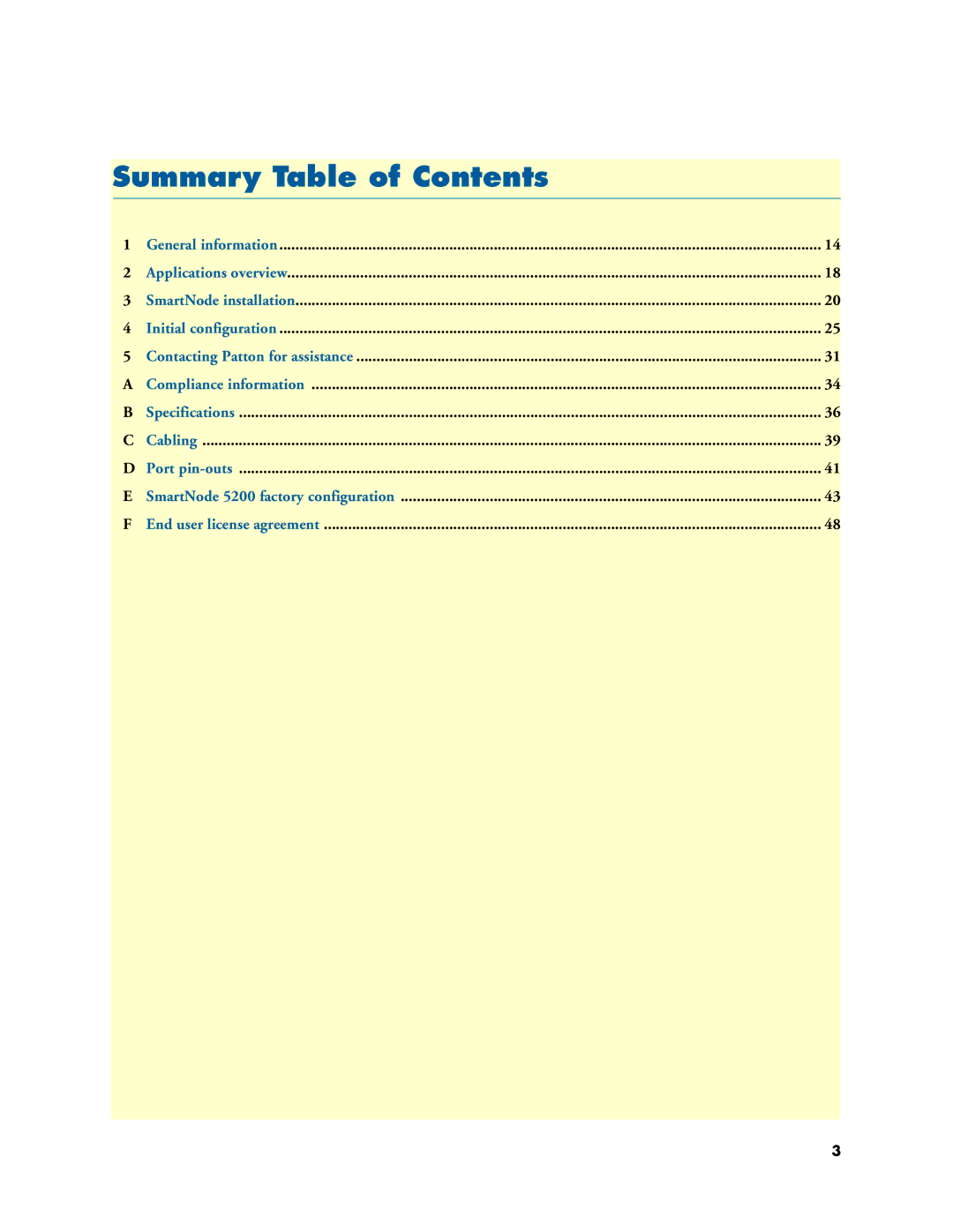 Patton electronic 5200 manual Summary Table of Contents 