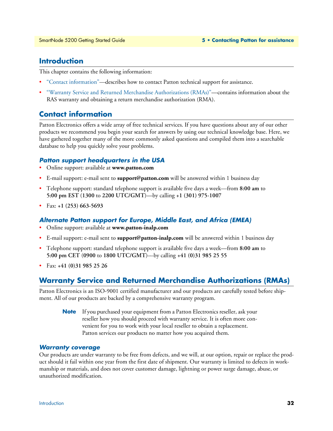 Patton electronic 5200 manual Contact information, Patton support headquarters in the USA, Warranty coverage 