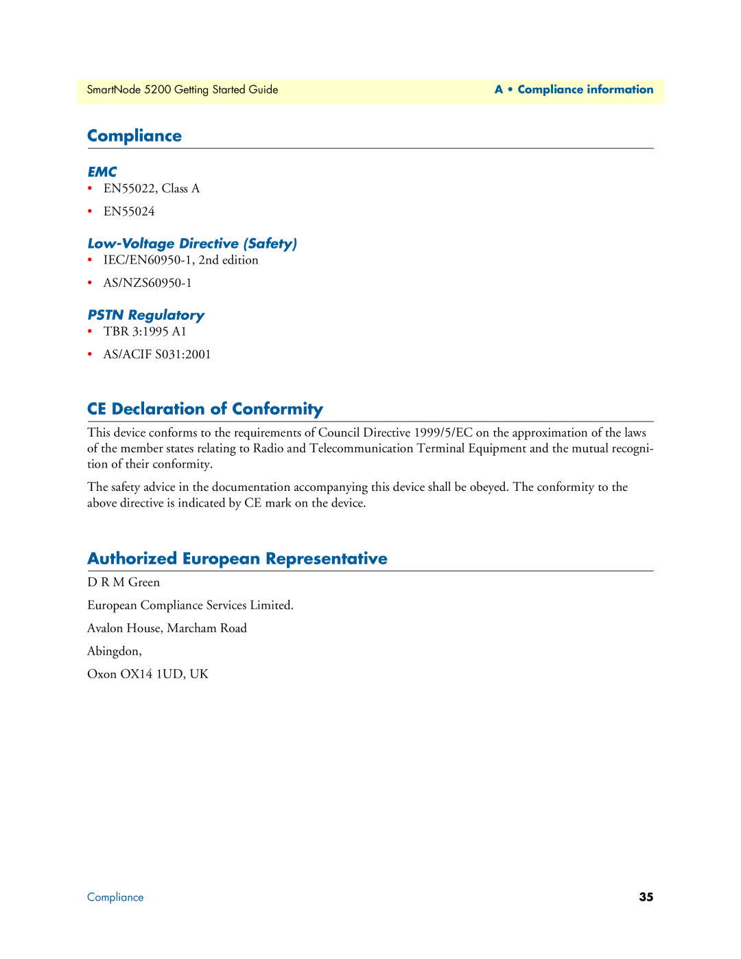 Patton electronic 5200 manual Compliance, CE Declaration of Conformity, Authorized European Representative, Pstn Regulatory 