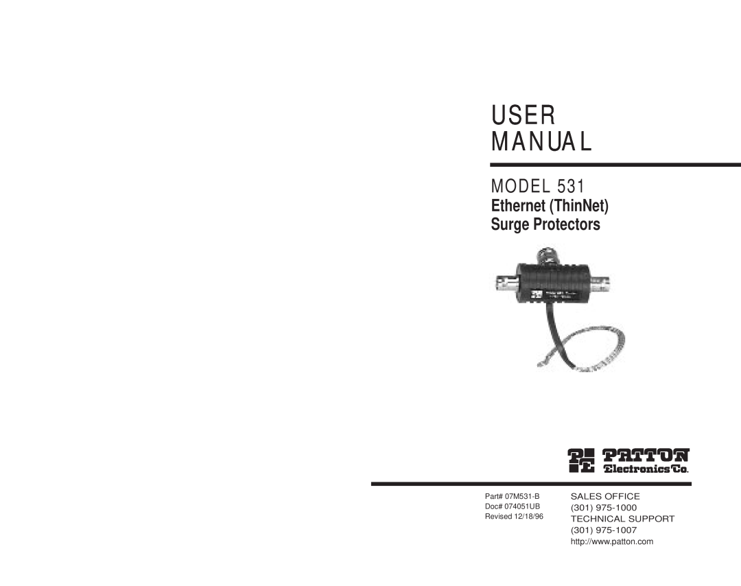 Patton electronic 531 user manual User M A N Ua L, Model, Ethernet ThinNet Surge Protectors 