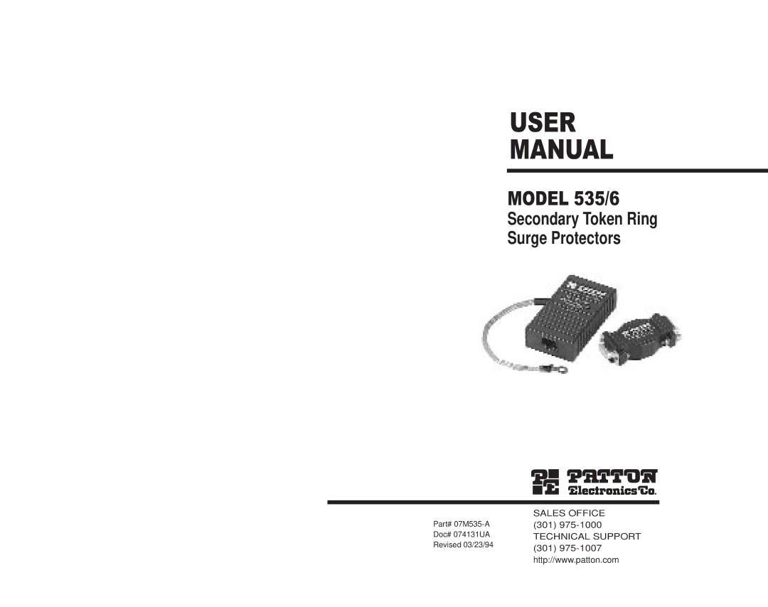 Patton electronic 536 user manual User Manual, Model 535/6, Secondary Token Ring Surge Protectors, Sales Office 