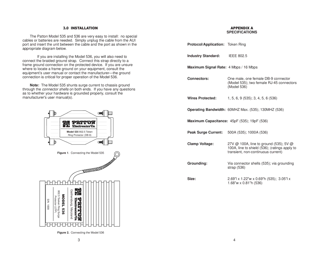 Patton electronic 536, 535 user manual Specifications, Size 