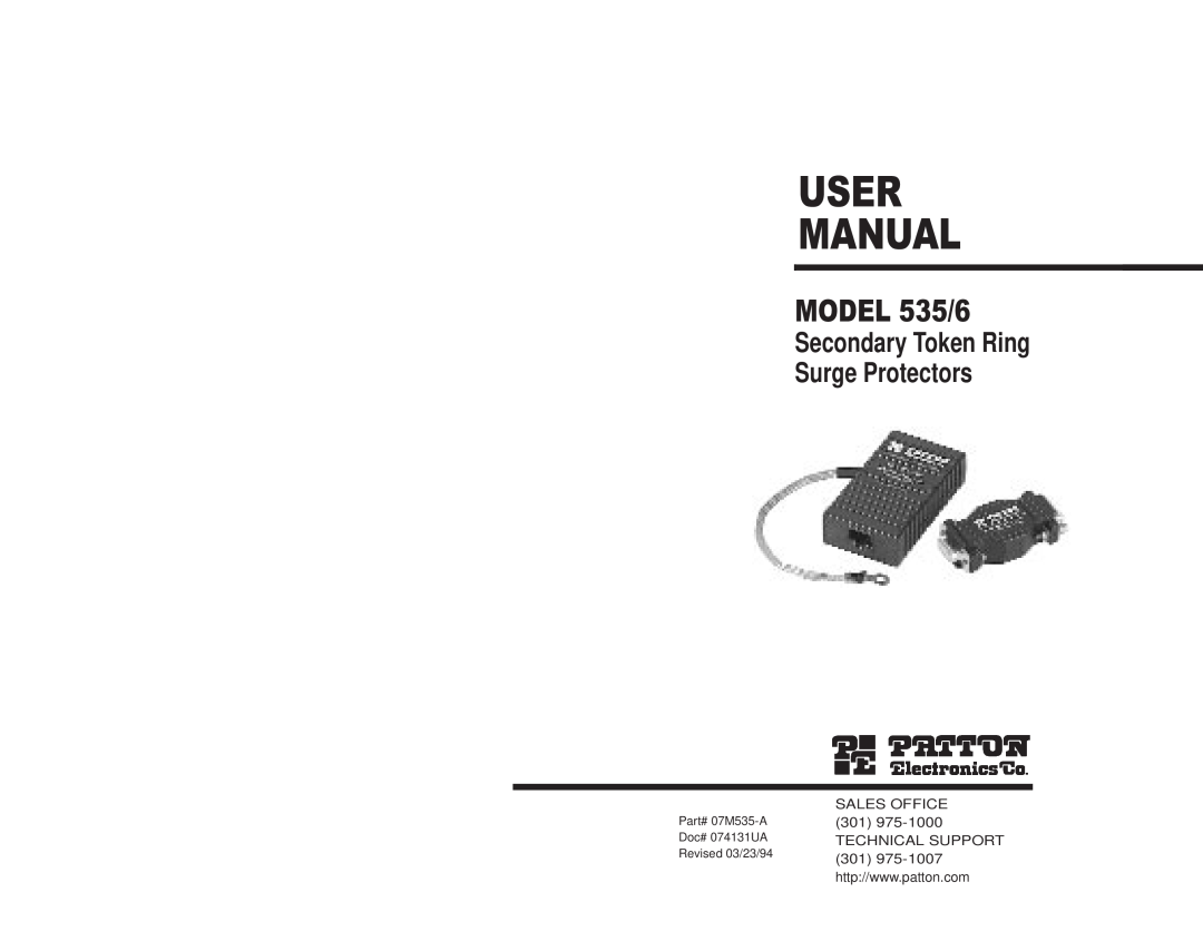 Patton electronic 536 user manual User Manual, MODEL 535/6, Secondary Token Ring Surge Protectors 