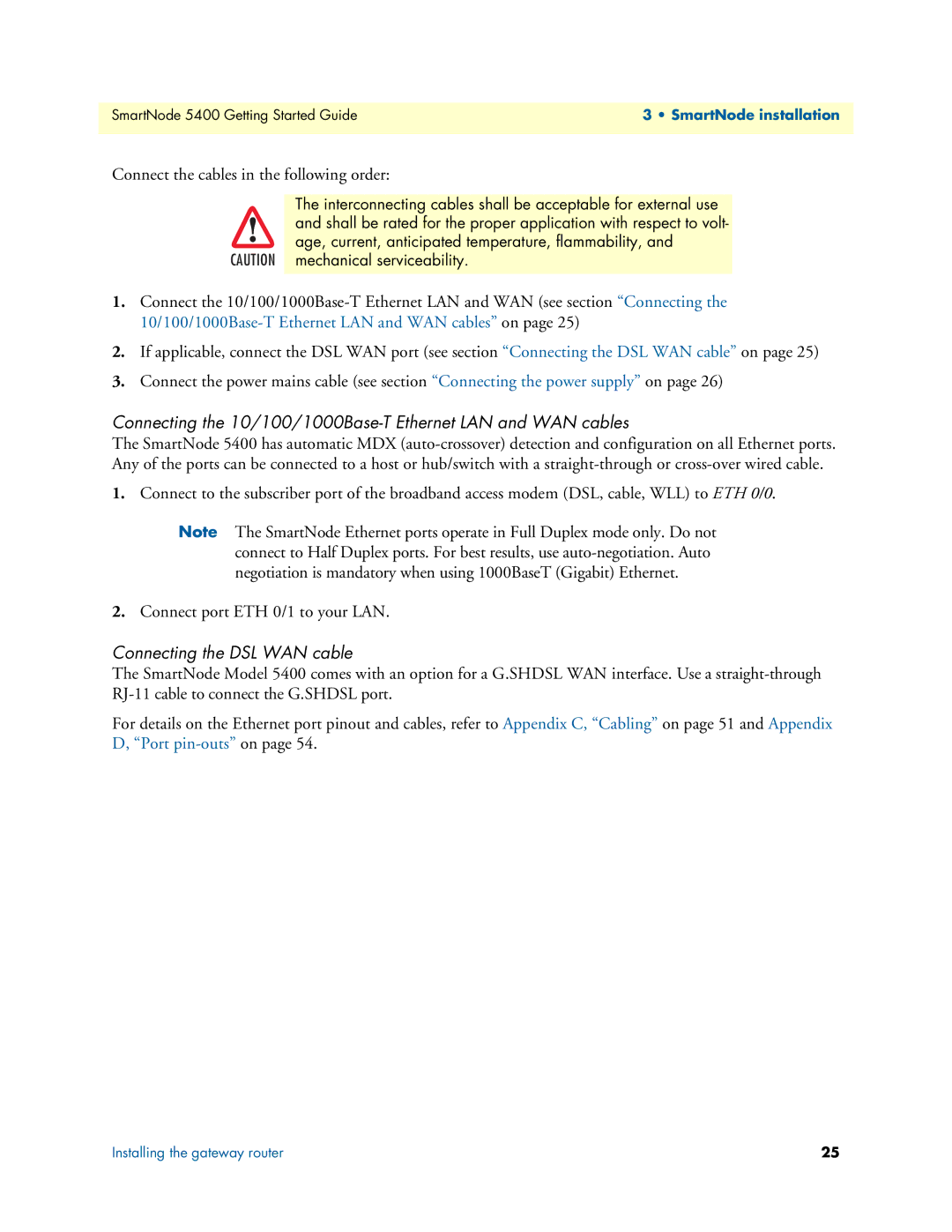 Patton electronic 5400 manual Connecting the 10/100/1000Base-T Ethernet LAN and WAN cables 