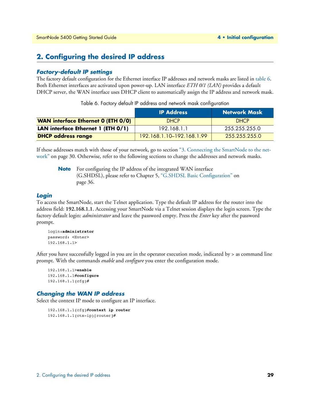 Patton electronic 5400 Configuring the desired IP address, Factory-default IP settings, Login, Changing the WAN IP address 