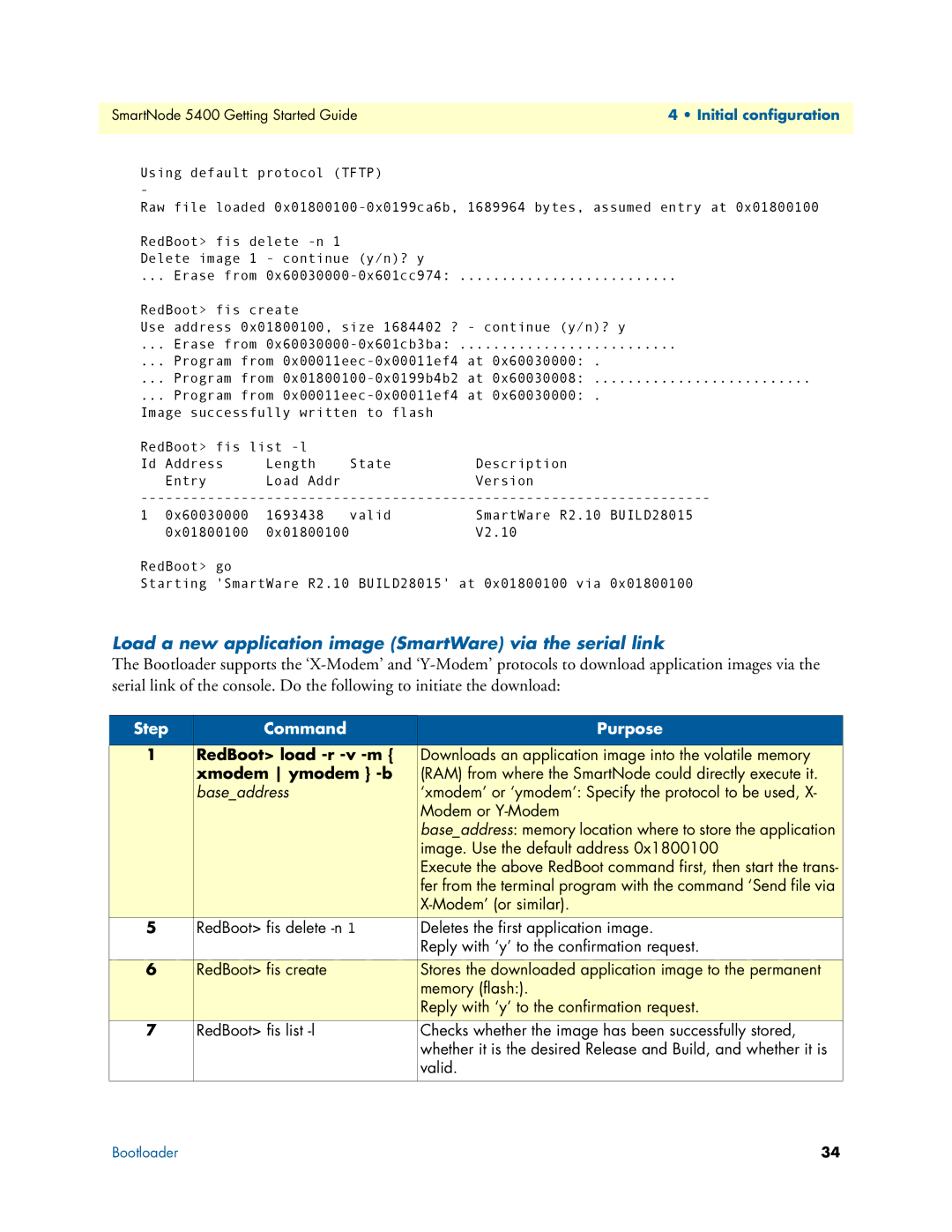 Patton electronic 5400 manual Load a new application image SmartWare via the serial link, Xmodem ymodem -b 