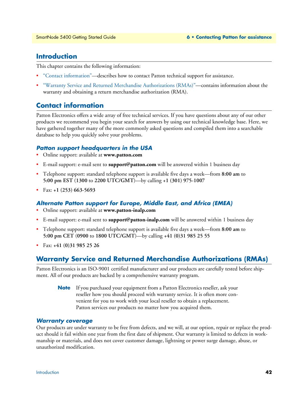 Patton electronic 5400 manual Contact information, Patton support headquarters in the USA, Warranty coverage 