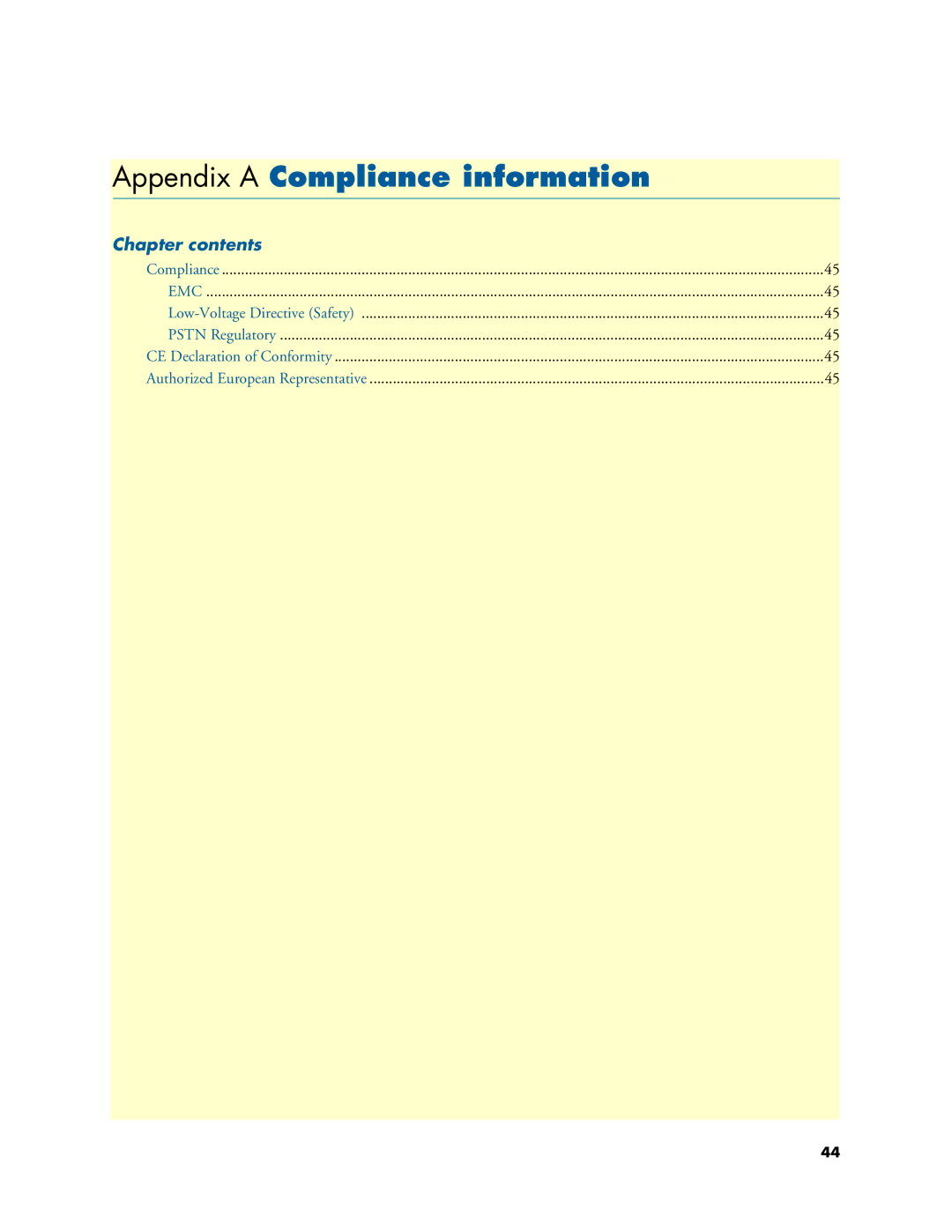 Patton electronic 5400 manual Appendix a Compliance information, Chapter contents 