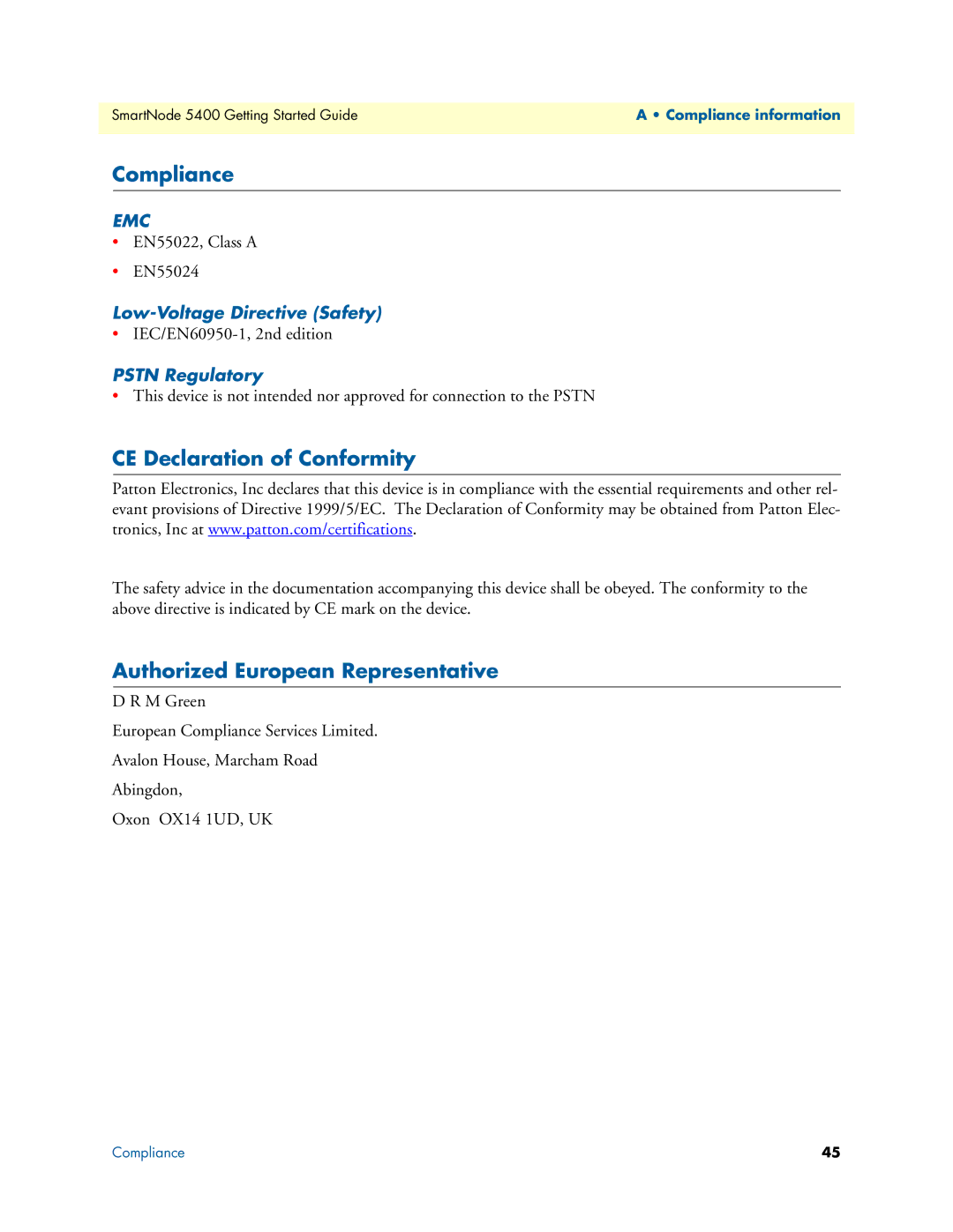 Patton electronic 5400 manual Compliance, CE Declaration of Conformity, Authorized European Representative, Pstn Regulatory 