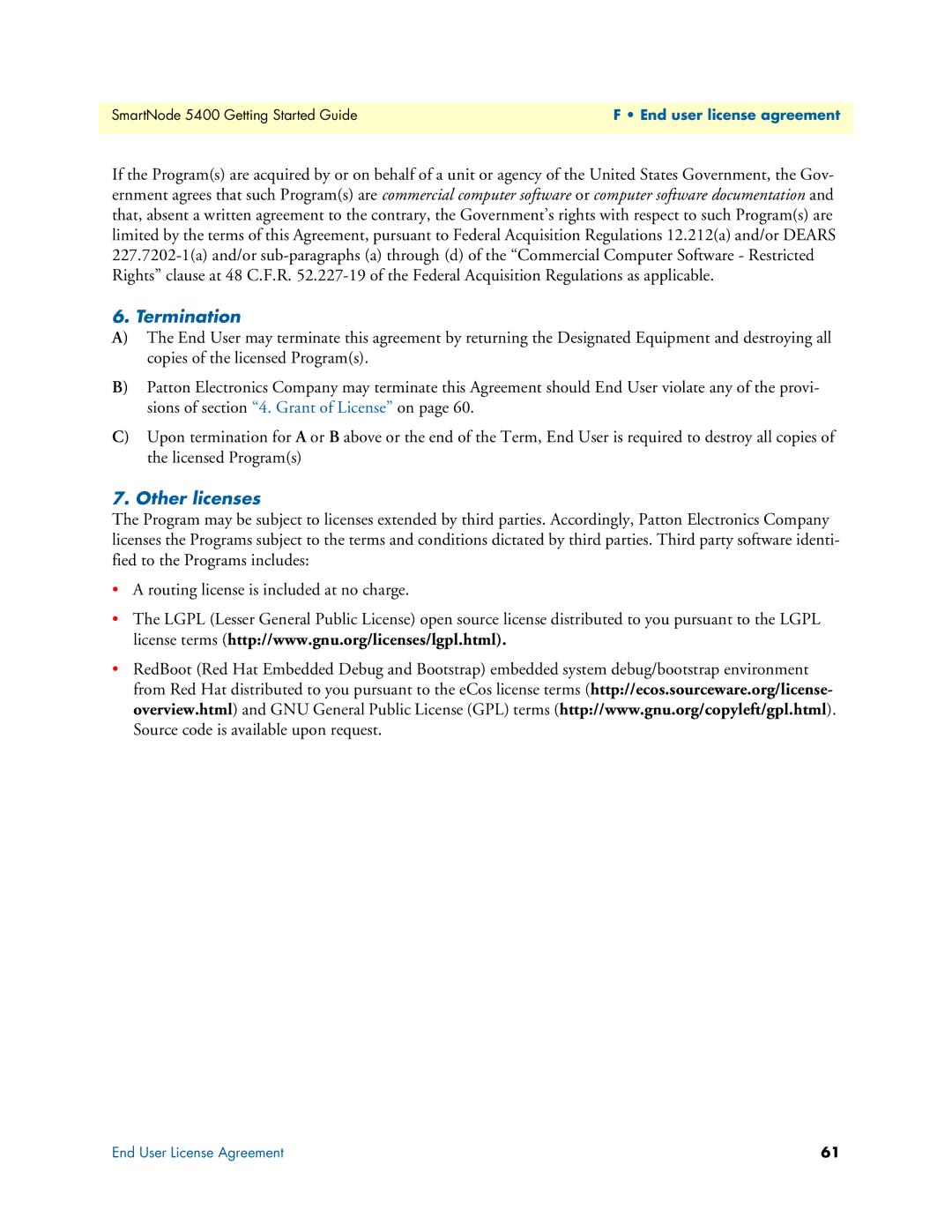 Patton electronic 5400 manual Termination, Other licenses 