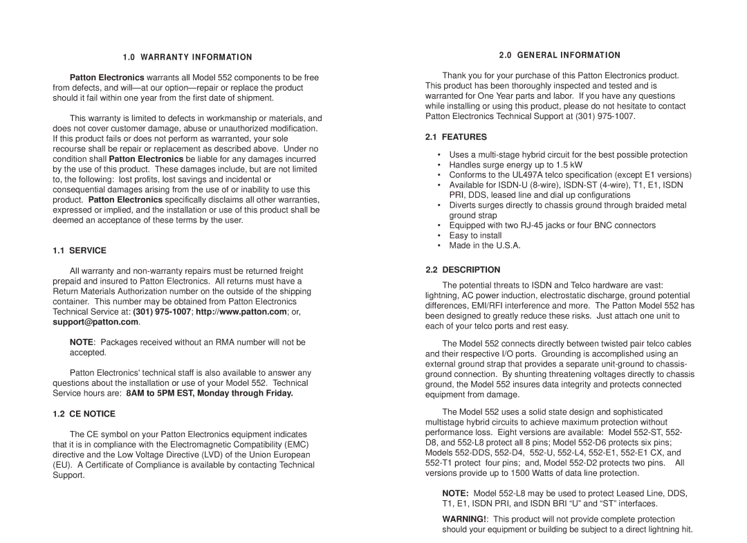 Patton electronic 552 user manual Service, CE Notice, Features, Description 