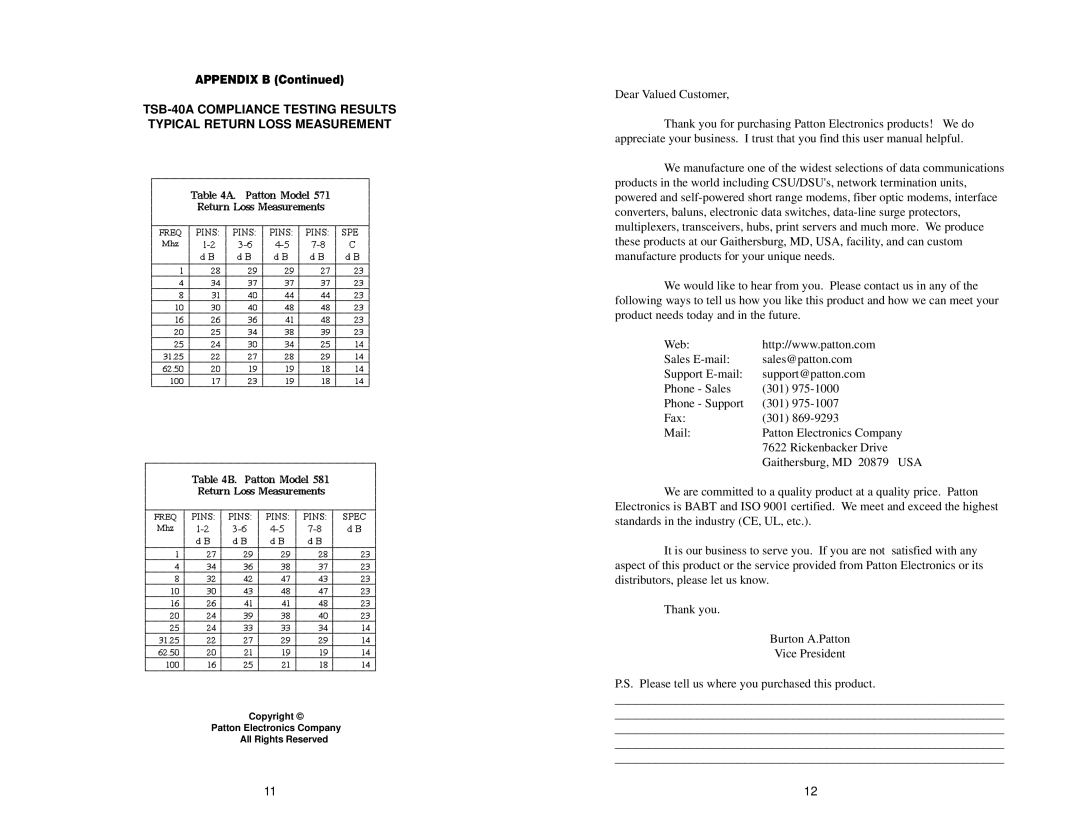 Patton electronic 581, 571 user manual Dear Valued Customer 