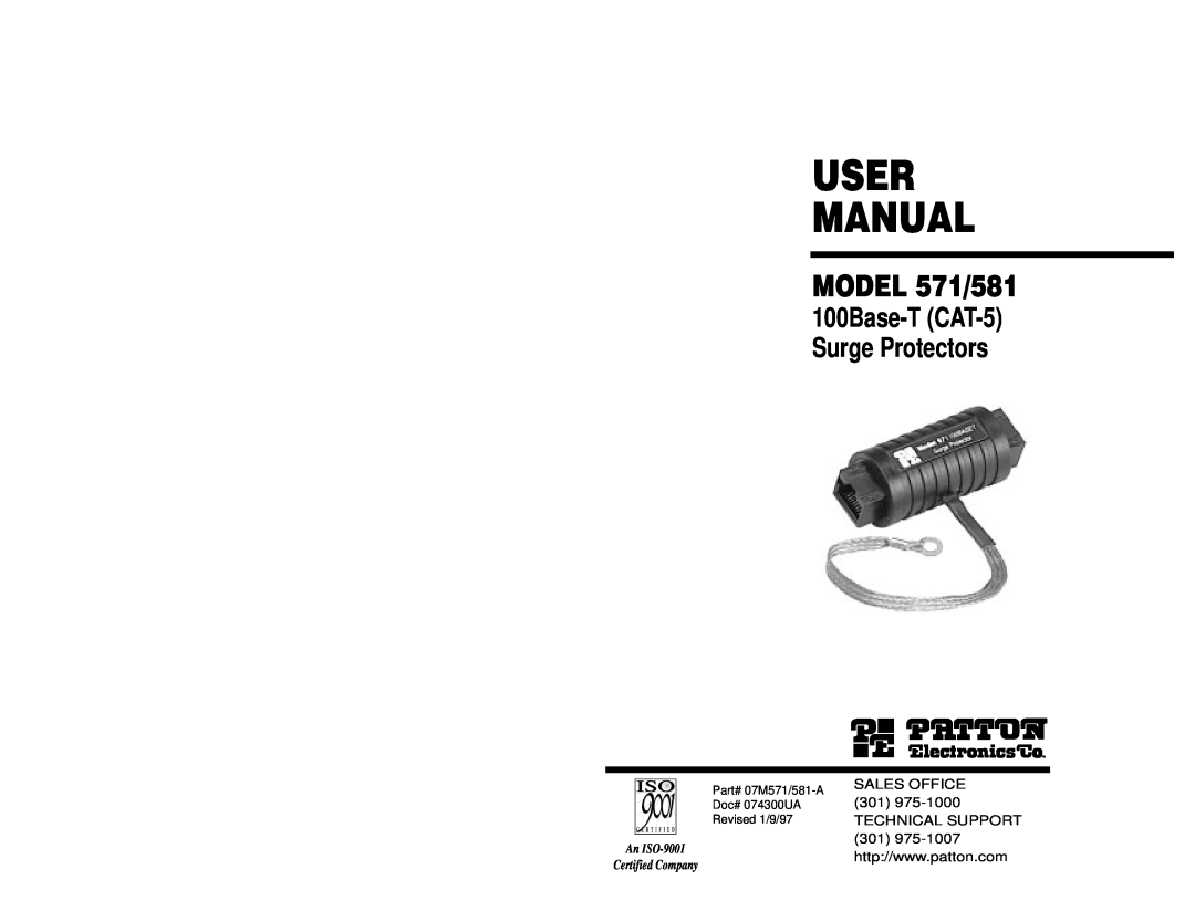Patton electronic user manual User Manual, MODEL 571/581, 100Base-T CAT-5 Surge Protectors, C E R T I F I E D 