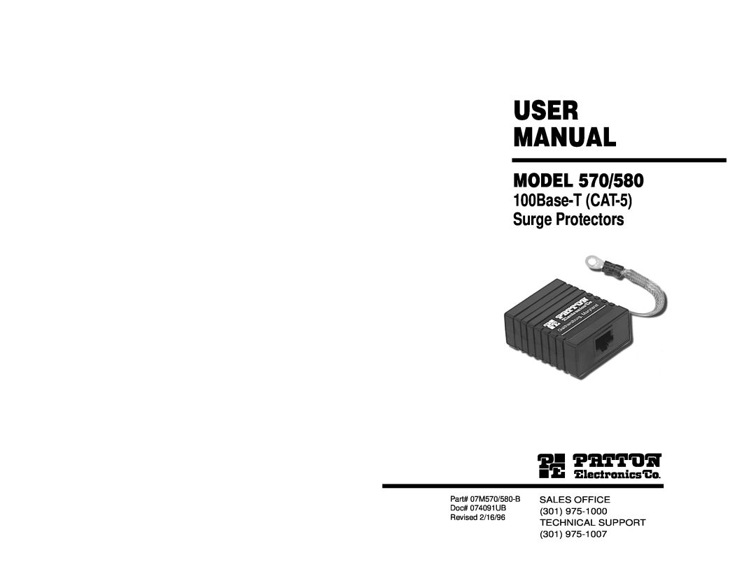 Patton electronic user manual User Manual, MODEL 570/580, 100Base-T CAT-5 Surge Protectors, Part# 07M570/580-B 