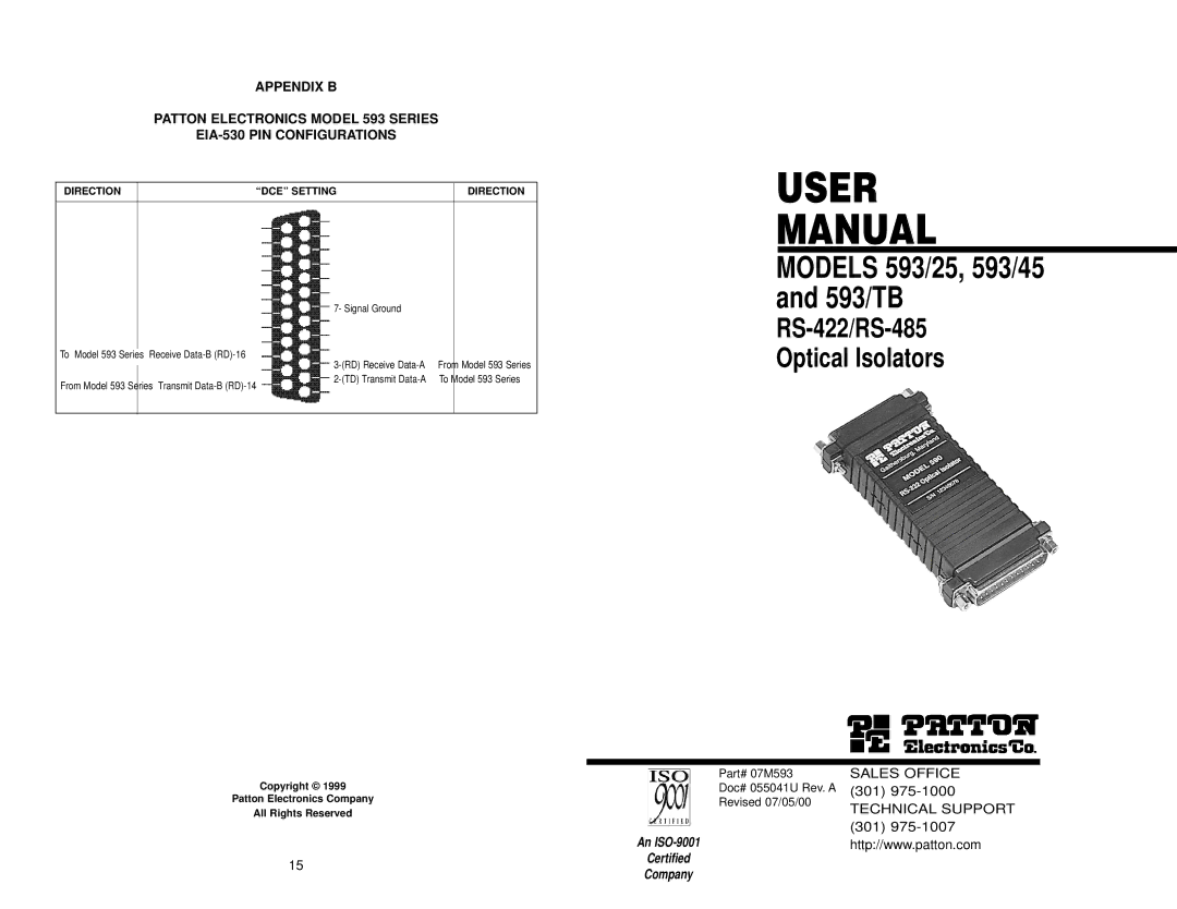 Patton electronic 593/25, 593/45, 593/TB, RS-422, RS-485 user manual User Manual 