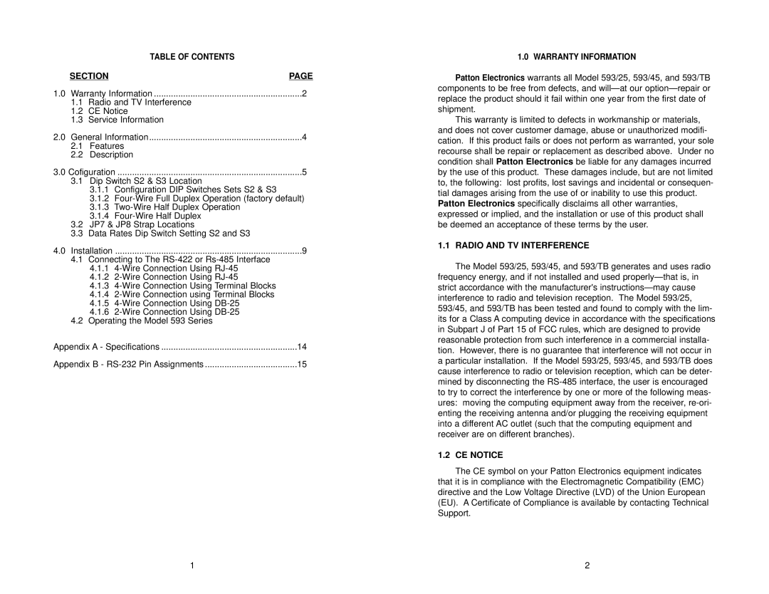 Patton electronic 593/25, 593/45, 593/TB, RS-422, RS-485 Section, Radio and TV Interference, CE Notice, Table of Contents 