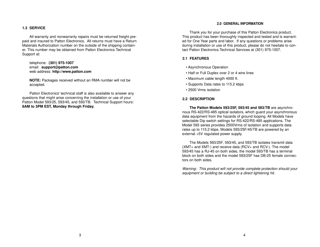 Patton electronic 593/45, 593/TB, RS-422, RS-485 Service, Telephone 301 Email support@patton.com, Features, Description 
