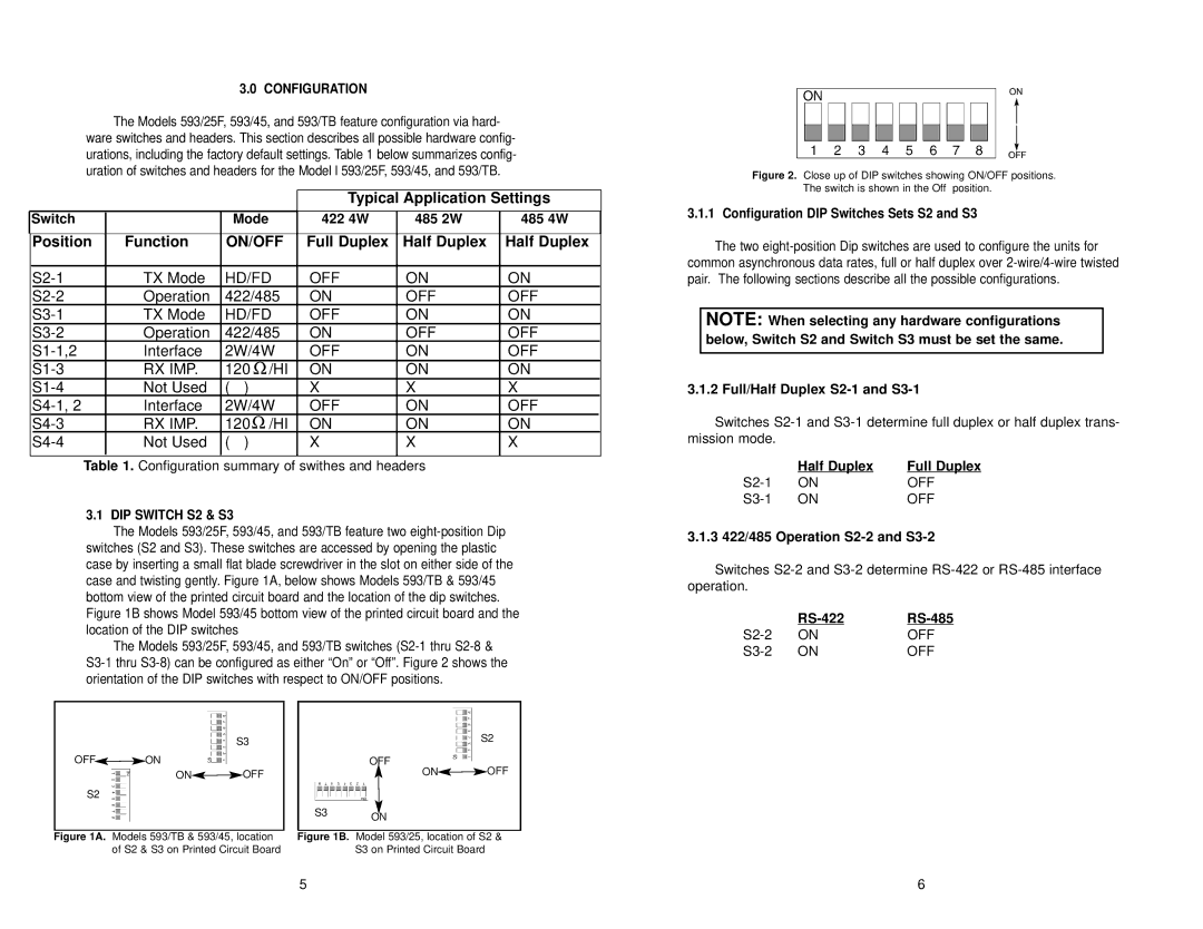 Patton electronic 593/25, 593/45, 593/TB, RS-422, RS-485 Switch Mode 422 4W 485 2W 485 4W, Full/Half Duplex S2-1 and S3-1 