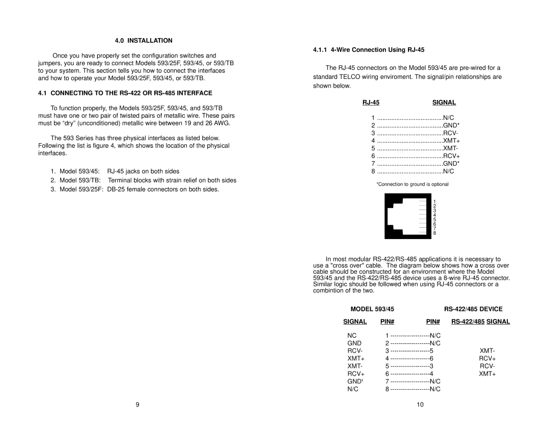 Patton electronic 593/25, 593/45, 593/TB, RS-422, RS-485 Installation, Connecting to the RS-422 or RS-485 Interface 