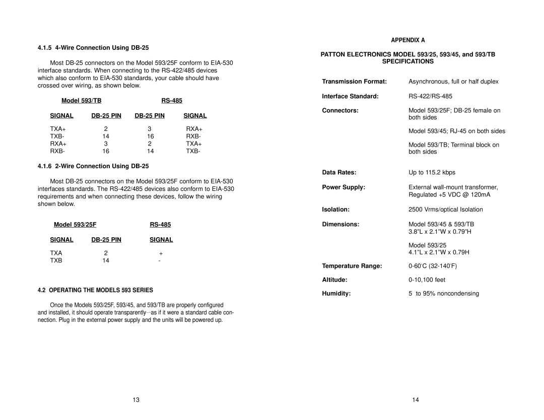 Patton electronic 593/25, 593/45, 593/TB, RS-422, RS-485 user manual PIN Signal TXA TXB, Specifications 