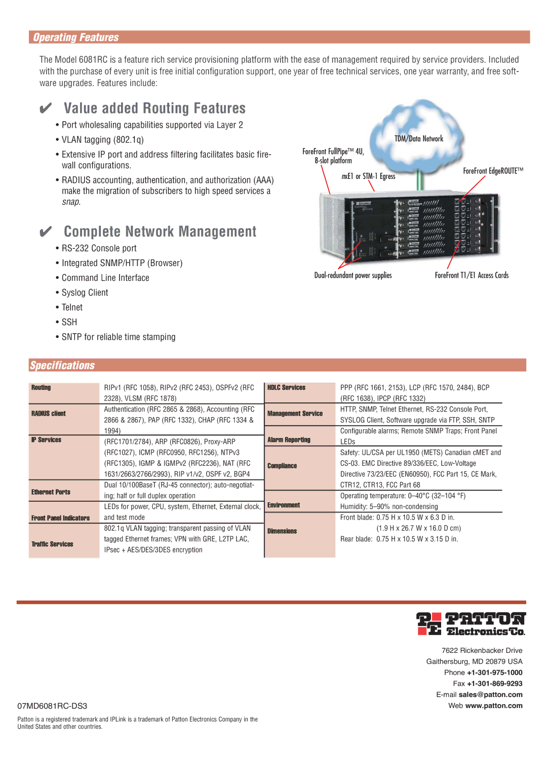 Patton electronic 6081RC manual Operating Features, Specifications 