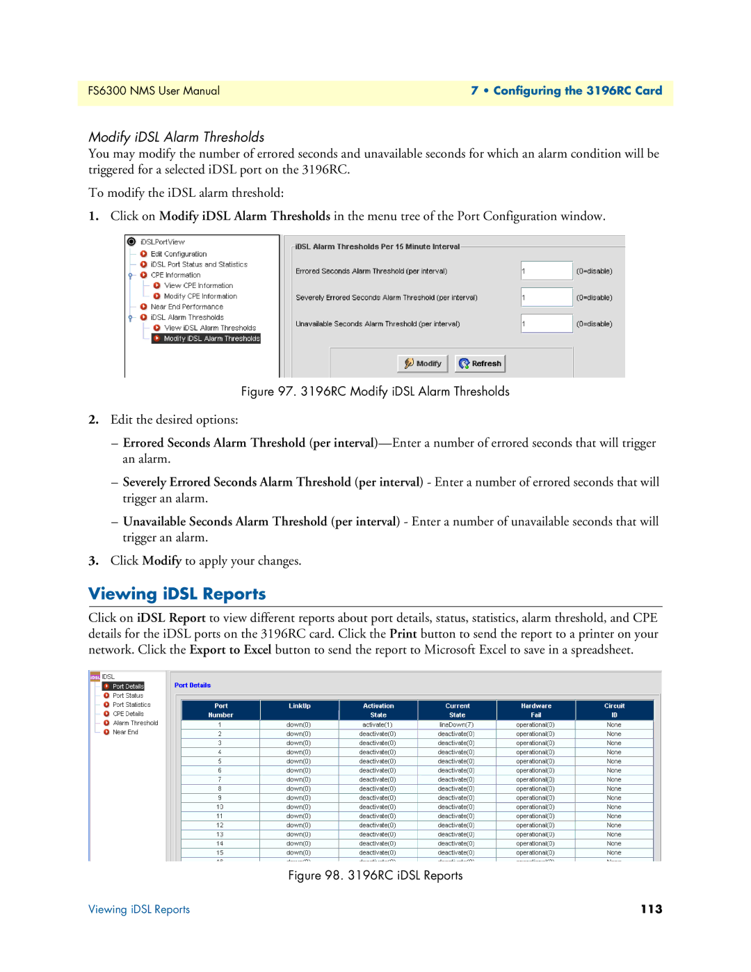 Patton electronic 6300 user manual Viewing iDSL Reports, Modify iDSL Alarm Thresholds 