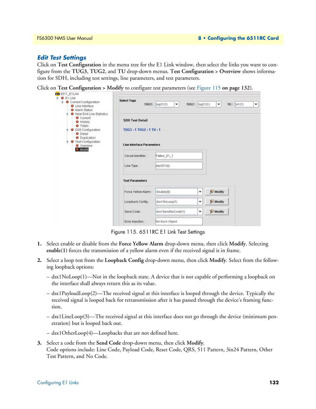 Patton electronic 6300 user manual Edit Test Settings, RC E1 Link Test Settings 