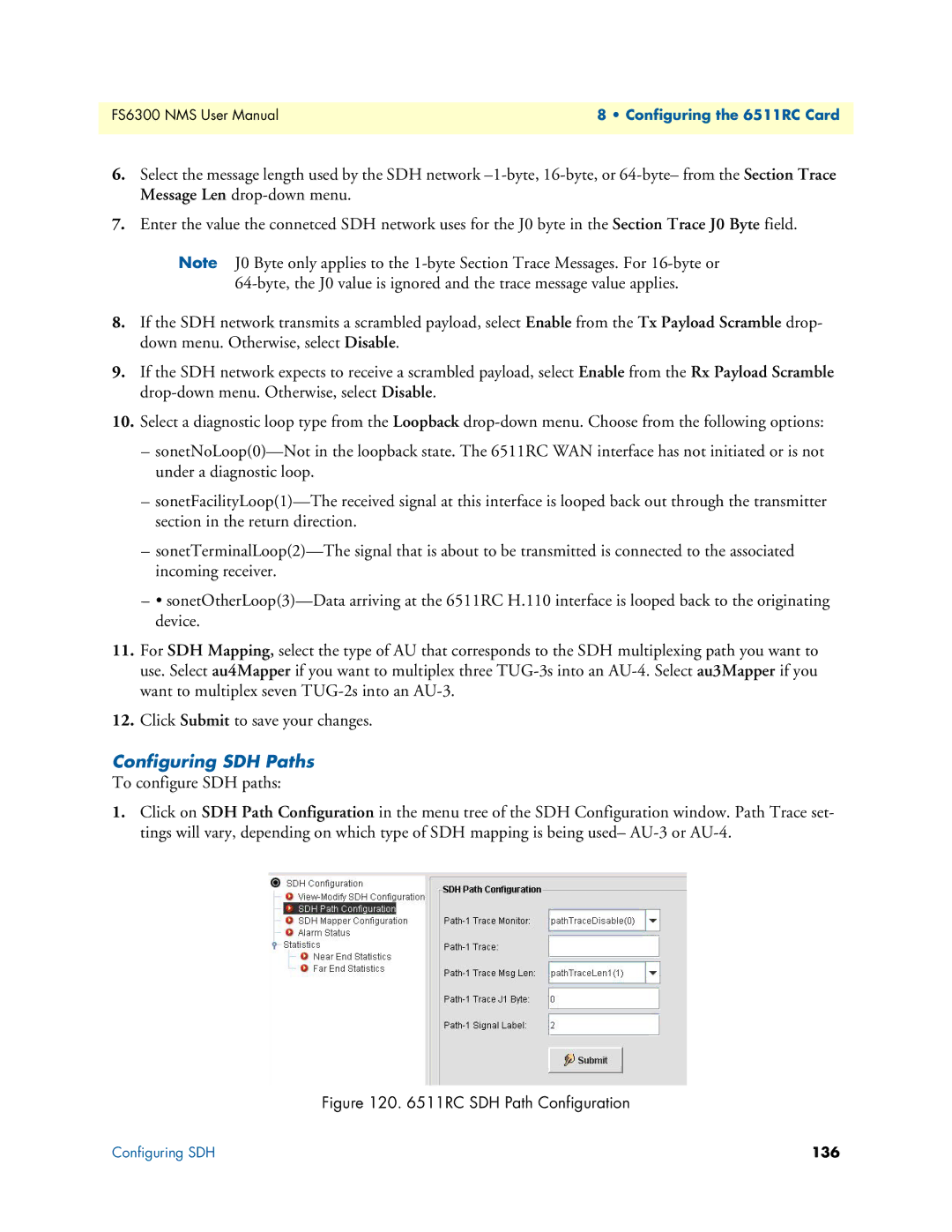 Patton electronic 6300 user manual Configuring SDH Paths, RC SDH Path Configuration 