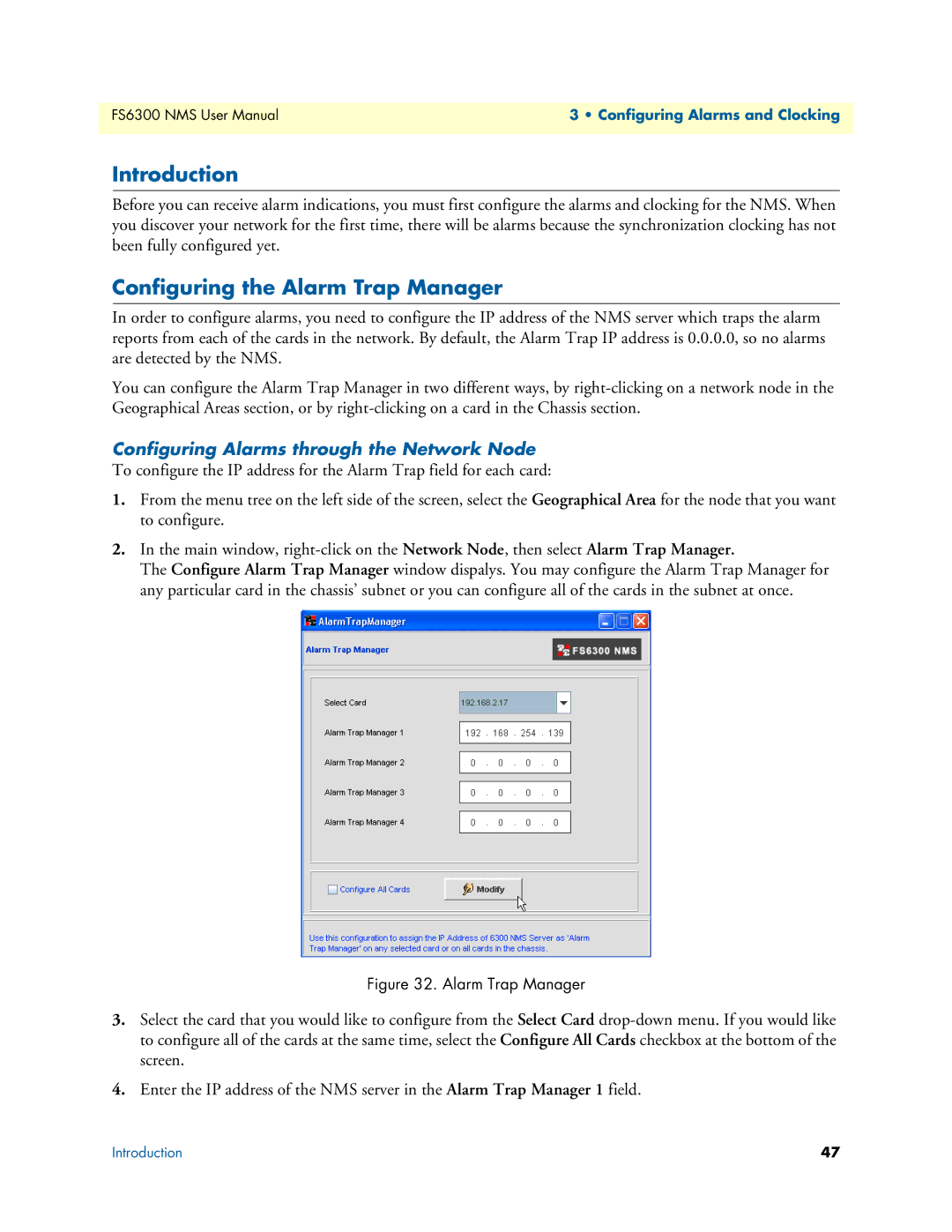 Patton electronic 6300 Introduction, Configuring the Alarm Trap Manager, Configuring Alarms through the Network Node 