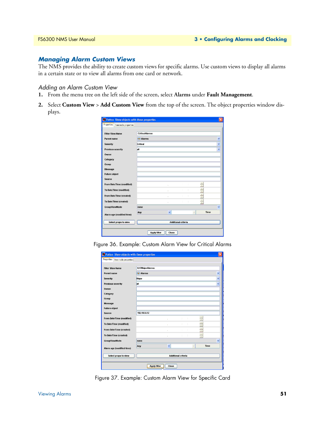 Patton electronic 6300 user manual Managing Alarm Custom Views, Adding an Alarm Custom View 