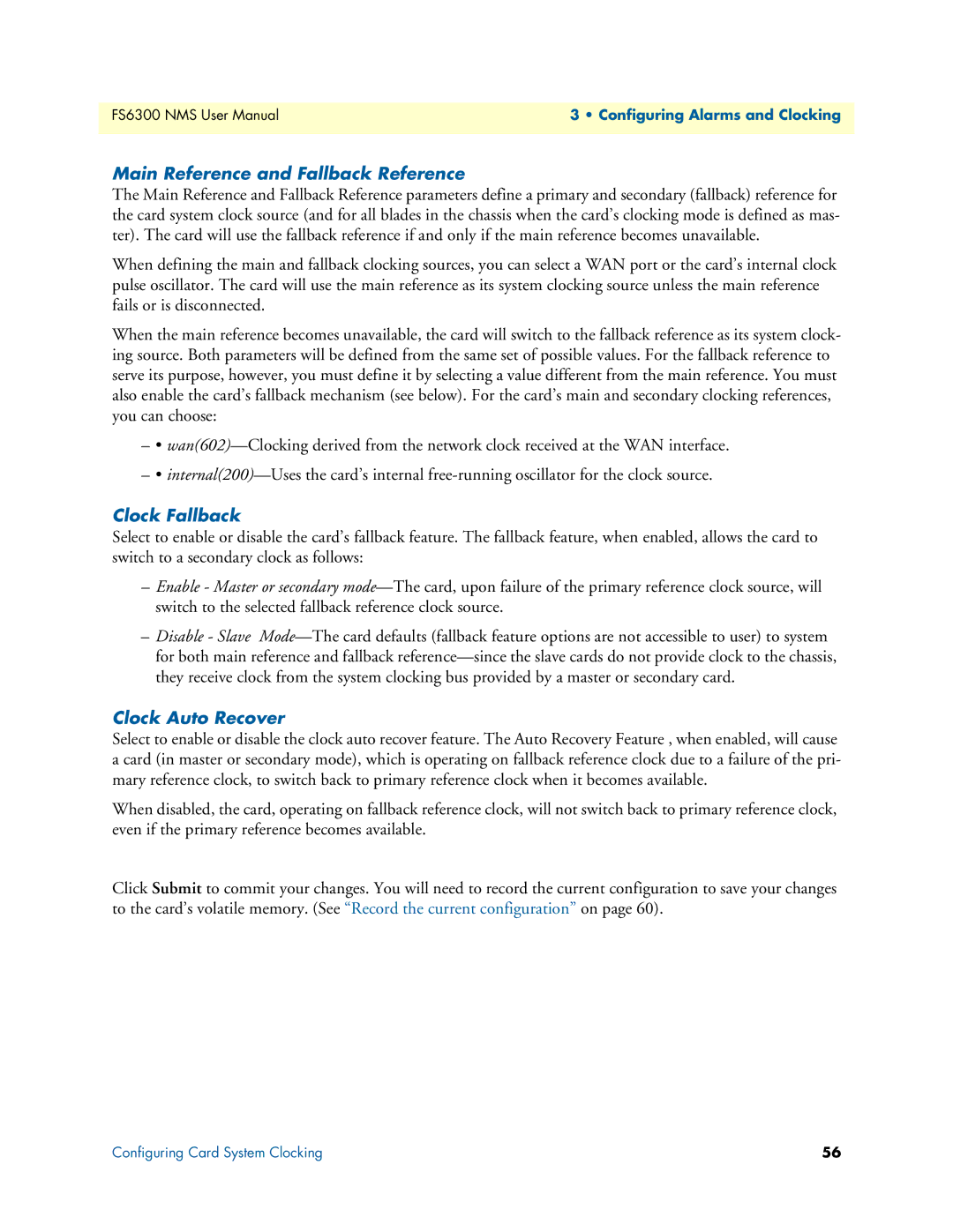 Patton electronic 6300 user manual Main Reference and Fallback Reference, Clock Fallback, Clock Auto Recover 